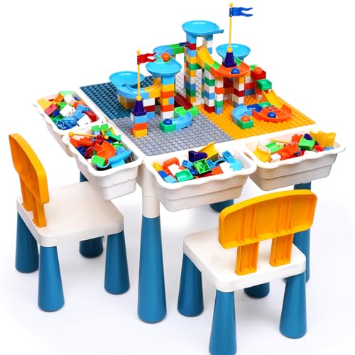 7-in-1 Kids Activity Table and Chair Set with 152-Piece Marble Run Blocks