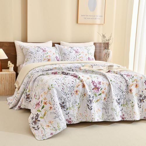 QSH 100% Cotton Oversized King Floral Quilt Bedspread Set, 3-Piece