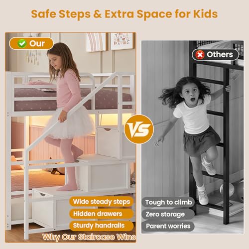 Low Twin Over Twin Bunk Bed with Storage Stairs, RGB Lights & Power Outlet