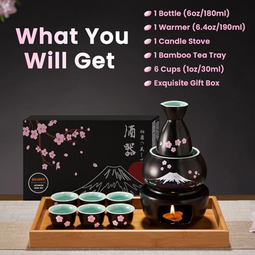 Black DUJUST Japanese Sake Set with Warmer, 6 Cups, Bottle, Candle Stove & Gift Box