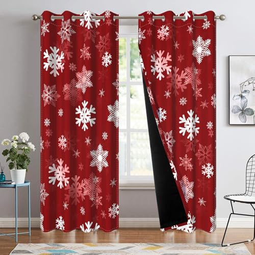 Red Christmas Snowflakes Blackout Curtains 52x84 in (Pack of 2) | Washable