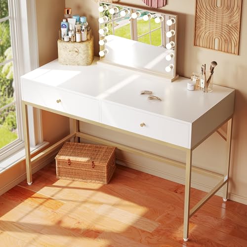 Modern 47-Inch Vanity Desk with Two Drawers, White and Gold Makeup Table