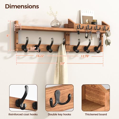 29-Inch Wall Mounted Coat Rack with Shelf and 11 Hooks, Wood Entryway Organizer