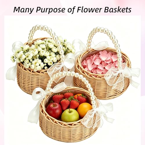 2PCS Wicker Flower Girl Basket and Wrist Corsage Set with Pearl Handle