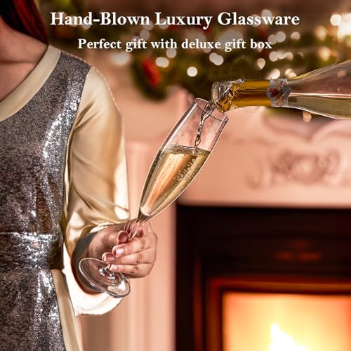 JBHO Set of 4 Hand Blown Lead-Free Crystal Champagne Flutes - Elegant Gift Box, 8oz, Wedding & Celebration Glassware