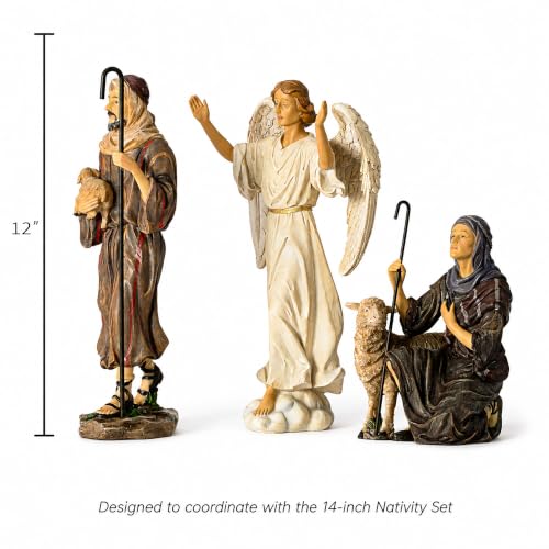 Three Kings Gifts 14-Inch Nativity Add-On Set — 3-Piece Polystone Shepherds & Angel with Sheep