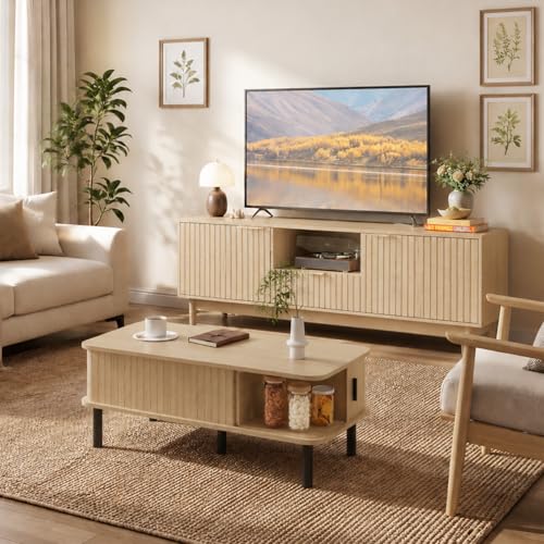 Mid-Century Modern TV Stand and Lift-Top Coffee Table Set, Oak Wood Finish