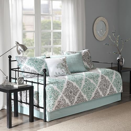 6-Piece Reversible Quilted Daybed Cover Set with Bedskirt & Shams - Aqua