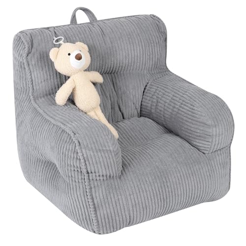 Kids Bean Bag Chair with Plush Teddy Bear - Comfortable Toddler Seat, Grey