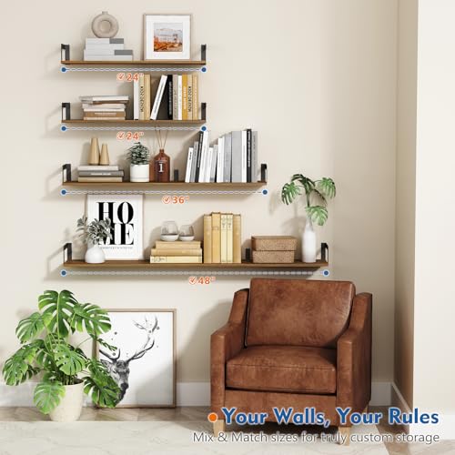 3-Pack 24-Inch Floating Wall Shelves, Rustic Solid Wood Bookshelf Set