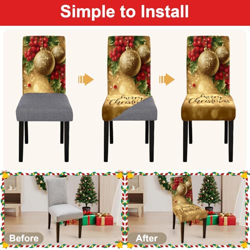 LEIWEIHOPE Merry Christmas Chair Covers Set of 4 - Stretchable Red Slipcovers with Santa & Floral Trim, 19-24" Back, 15-19" Seat (Variation 25)