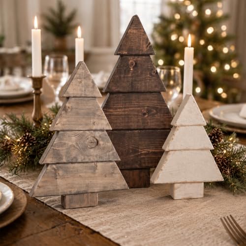 RattanView 3 Pcs Christmas Table Decor Farmhouse Wooden Pine Tree