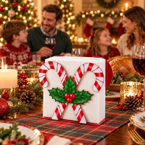 Christmas Candy Cane Napkin Holder - Rustic Red Metal Stand for Holiday Tables & Parties (Candy Canes)