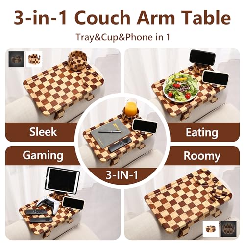 Checkered Rubber Wood Sofa Armrest Tray with Rotating Cup Holder & Phone Stand