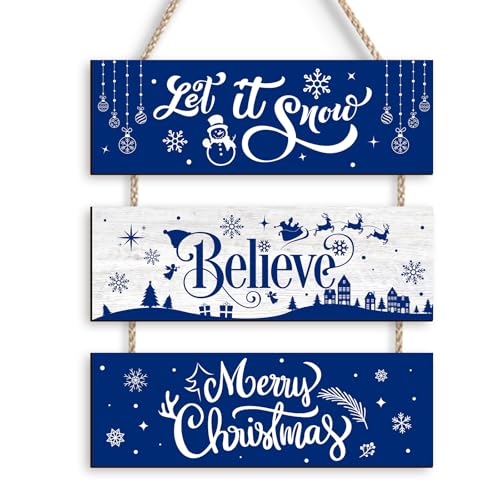 Blue Christmas Wall Hanging Decor Rustic Wooden Ornaments Set - Let It Snow, Merry Christmas, Happy Holidays Sign