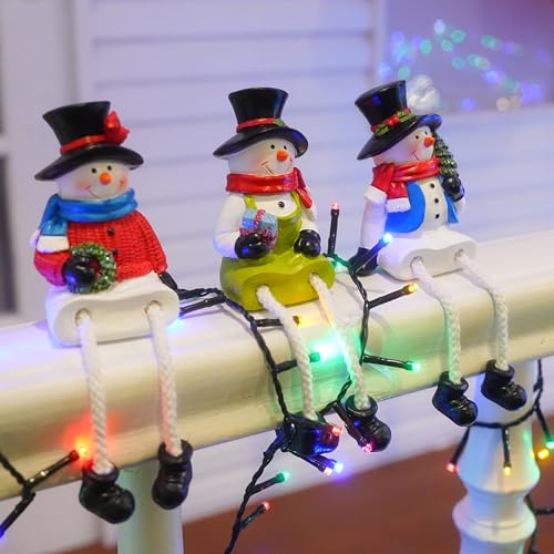 Snowman Christmas Figurines Set of 3 Resin Holiday Decorations with Dangling Legs