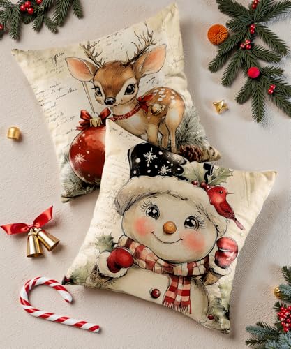 Vintage Snowman Christmas Pillow Covers Set of 4 18x18 Inches