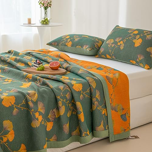 100% Cotton Jacquard Quilt - Floral Ginkgo Leaves Print, Reversible Bedspread for Full/Queen Beds (78"x94")