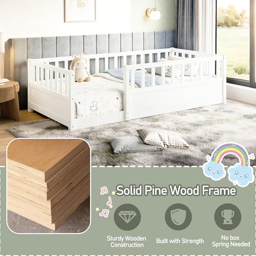Queen Montessori Floor Bed Frame with Safety Fence, Solid Pine Wood