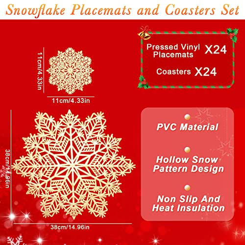 48 Pieces Christmas Snowflake Placemats Set – Gold Vinyl Coasters Included, 24 Placemats + 24 Coasters