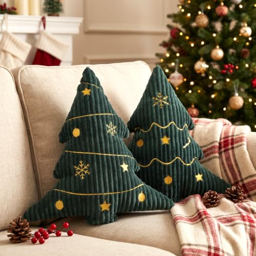 Green Corduroy Embroidered Christmas Tree Pillows Set of 2, 14x16 Inches