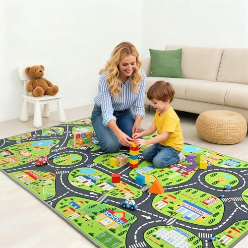 City Road Kids Play Rug 3x5 - Educational Non-Slip Toy Car Play Mat