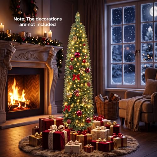HAPPYGRILL 5ft Pre-lit Artificial Christmas Tree with Warm White LED Lights, Green Slim Xmas Tree