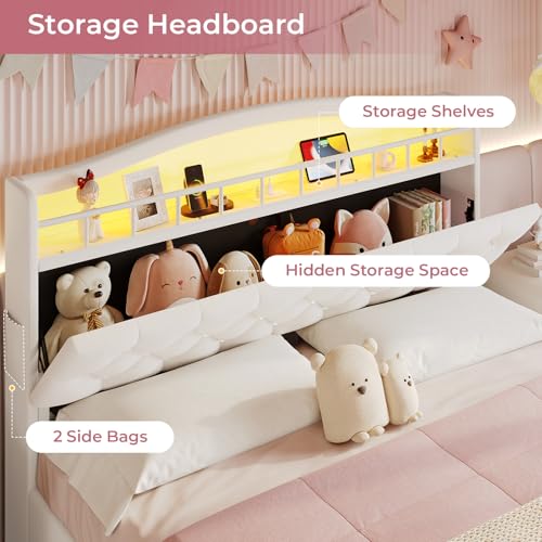 Full Size Bed Frame with Storage Drawers, LED Lights and Charging Station