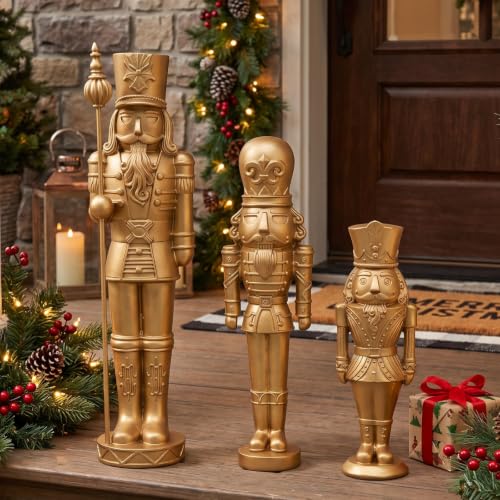 Gold Christmas Nutcracker Figures Set - 3 Pcs Holiday Decor, Resin