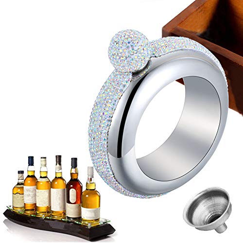 Qingo Silver Rhinestone Lid Bracelet Flask with Funnel 3.5 oz Stainless Steel