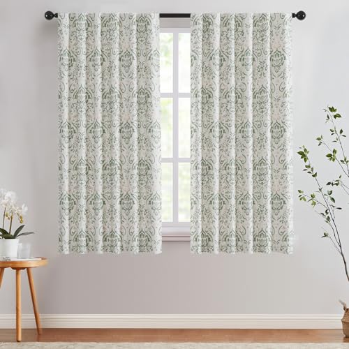 Green Floral Blackout Curtains 63" Length, 2 Panels Room Darkening Drapes