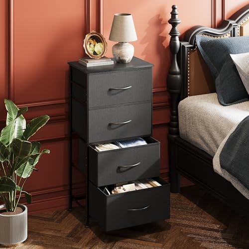 4-Drawer Fabric Storage Dresser Tower, Small Nightstand - Charcoal Black