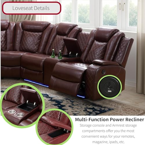 Power Recliner Sectional Sofa with LED Lights, Cup Holders & Storage Console