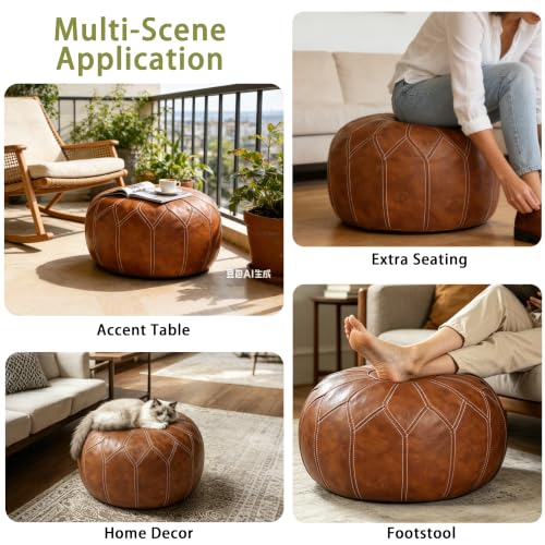 Round Faux Leather Unstuffed Pouf Ottoman - Boho Moroccan Foot Stool