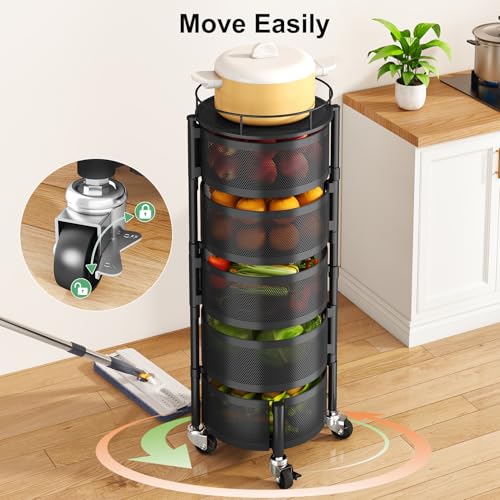 5-Tier Rotating Kitchen Storage Cart, Rolling Metal Wire Fruit Basket Stand