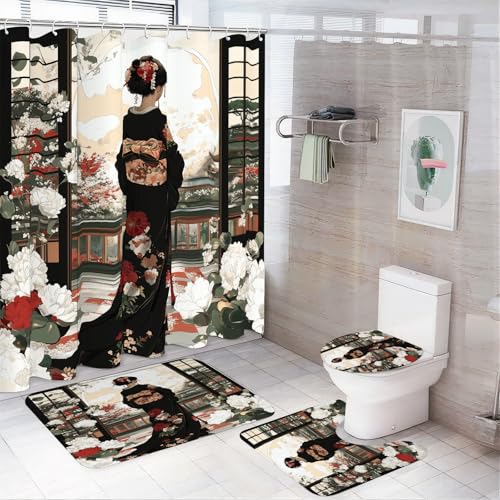 Japanese Geisha 4-Piece Shower Curtain and Non-Slip Bathroom Rug Set