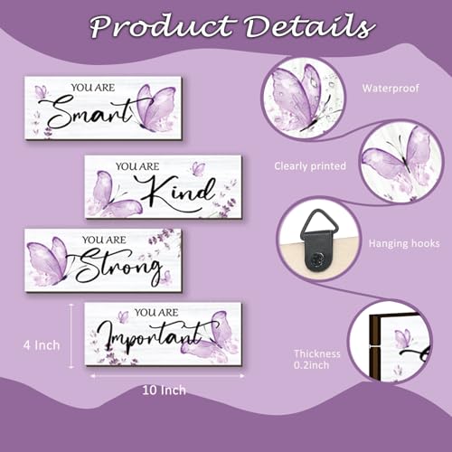 4-Piece Purple Butterfly Wooden Wall Decor with Inspirational Quotes