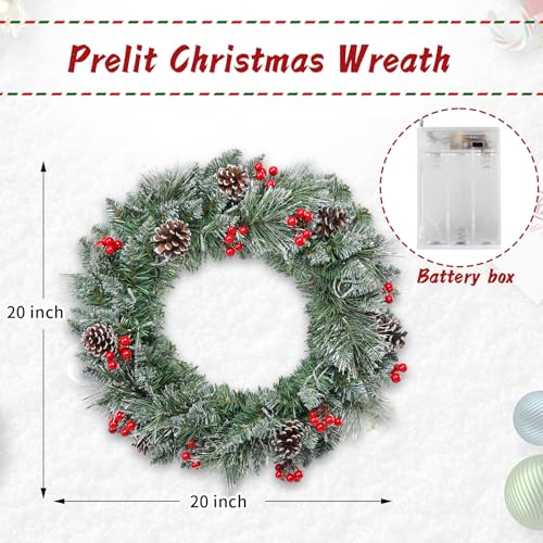 Pre-Lit Artificial Christmas Wreath with LED Lights, Red Berries & Pine Cones - 20 Inch Wreath_D