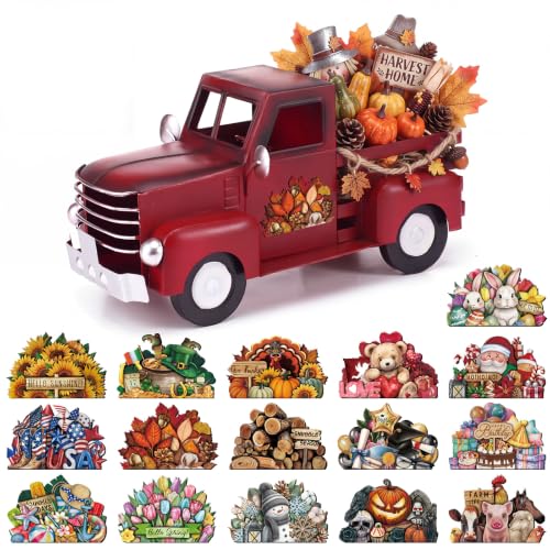 12.2-Inch Vintage Red Metal Pickup Truck with 16 Interchangeable Magnets
