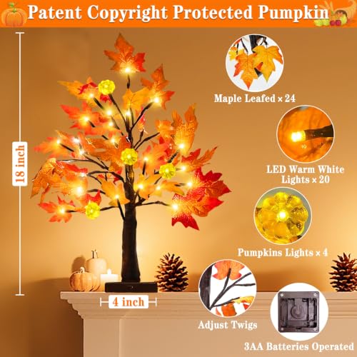 Prelit Fall Maple Tree Decor - 18 Inch, 2 Pack with Timer & LEDs