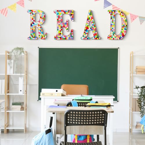 4-Piece Wooden READ Wall Sign with Pom Pom Accents for Reading Corners