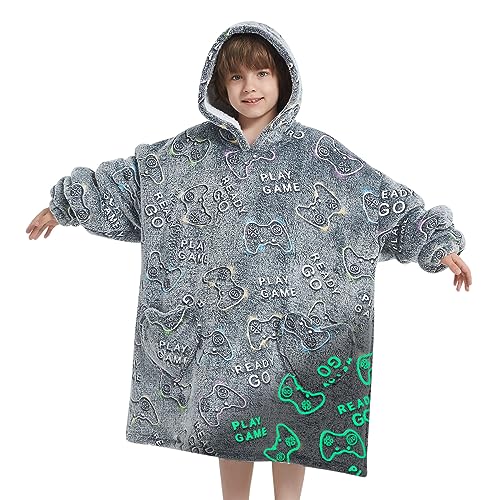Kids Wearable Blanket Hoodie Oversized Sherpa Sleepwear for Boys Girls Teens 6-13YR, Glow in The Dark Game Controller Design - Mewkou