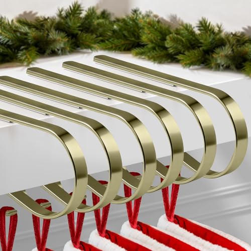 ANOEPUY 6 Pack Gold Stocking Hangers for Mantle - Adjustable, No-Drill Christmas Garland Clips