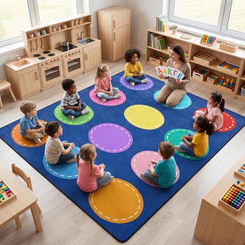 5x7 Ft Kids Classroom Seating Rug - Colorful Circle Non-Slip Play Mat