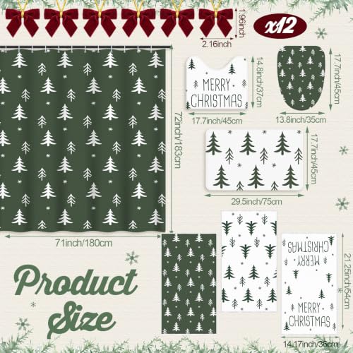 Vesici Xmas Tree Shower Curtain Set - 7 Pcs Waterproof Bath Ensemble with 12 Velvet Bows