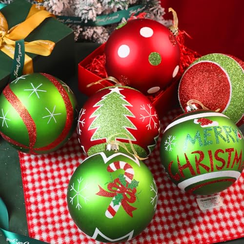 Lanpn 6Pcs 6" Extra Large Outdoor Christmas Ornaments – Red & Green Glitter Ball Decorations
