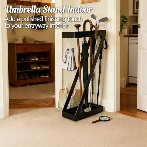 Modern Metal Umbrella Stand for Entryway with Hooks, Black Rustproof Rack