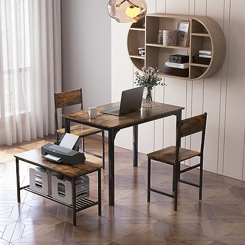 4-Piece Industrial Dining Table Set with Bench and Chairs - Rustic Brown
