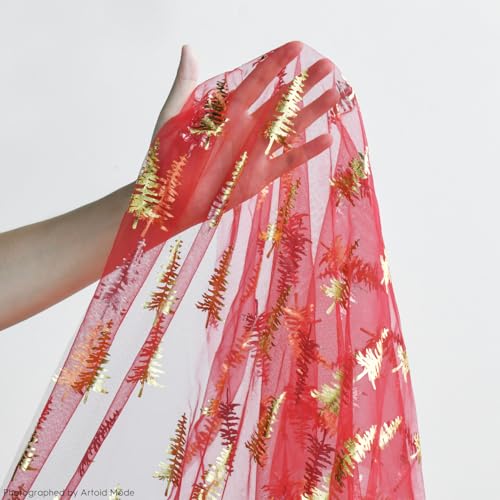 3PCS Red Gold Christmas Tree Gauze Table Runner 28 x 120 Inch Seasonal Holiday Decor
