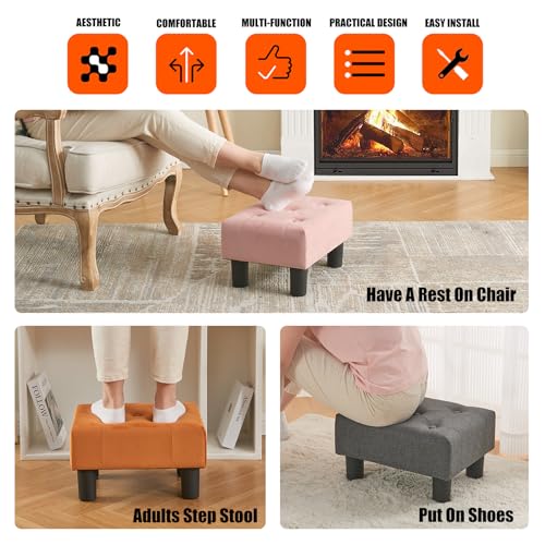 Linen Small Footstool Ottoman with Storage and Solid Wood Legs, Gray